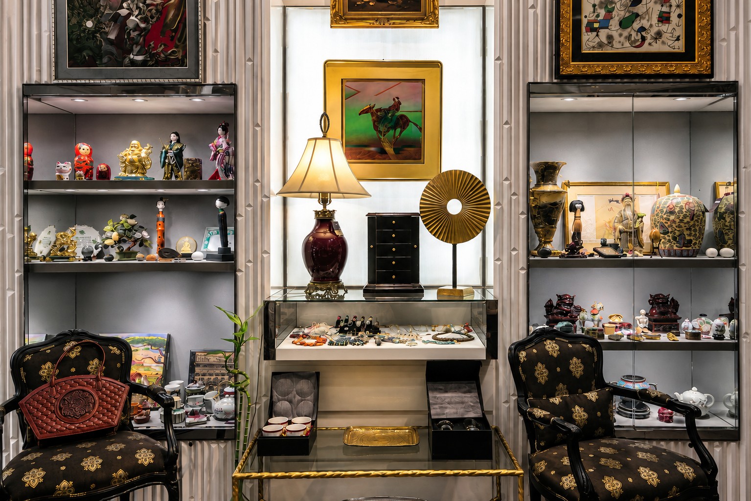 Symmetrical curated display with black chairs, art and collectible objects