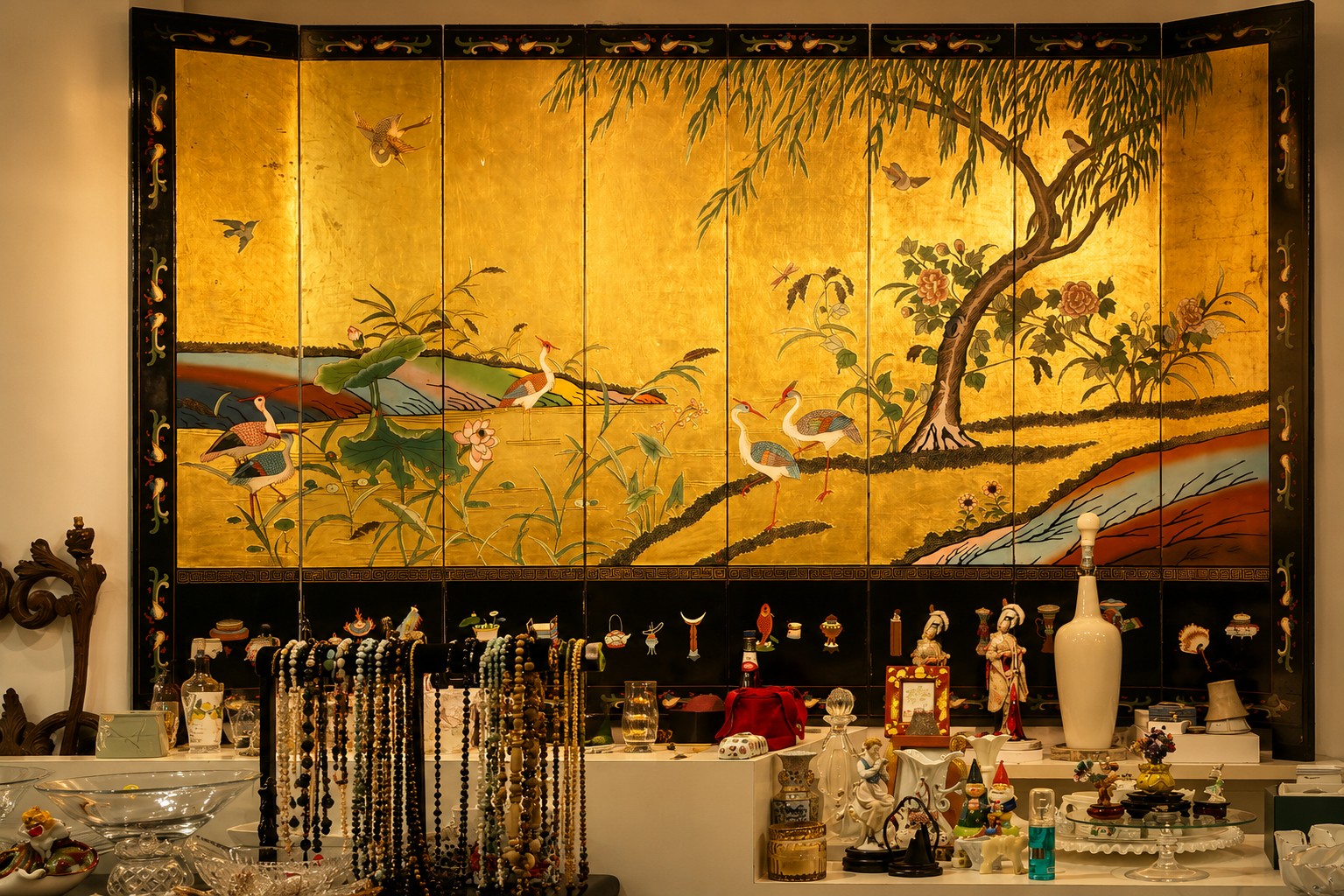Gold Asian folding screen and curated estate objects at Kai Koto